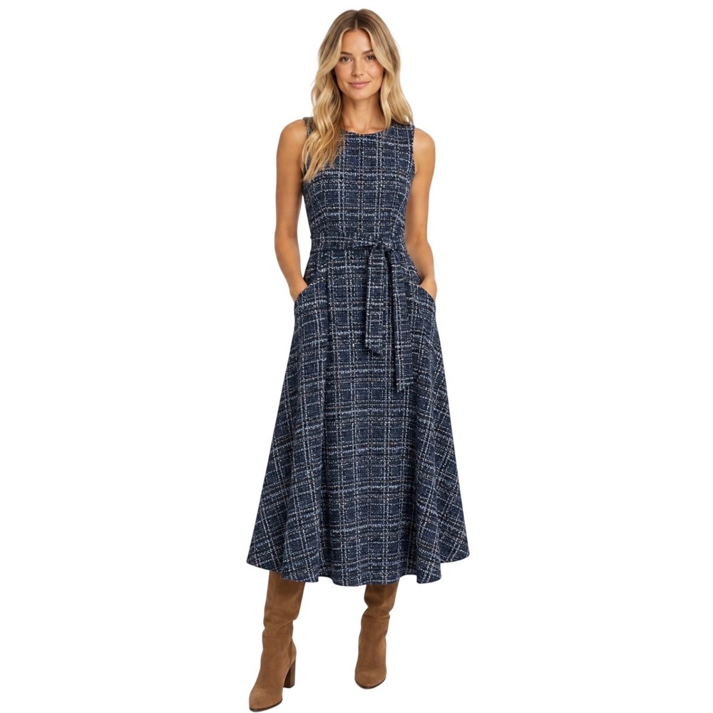 Calvin Klein Blue Tweed Sleeveless Belted Midi Dress CD4X1144 Womens Size 16